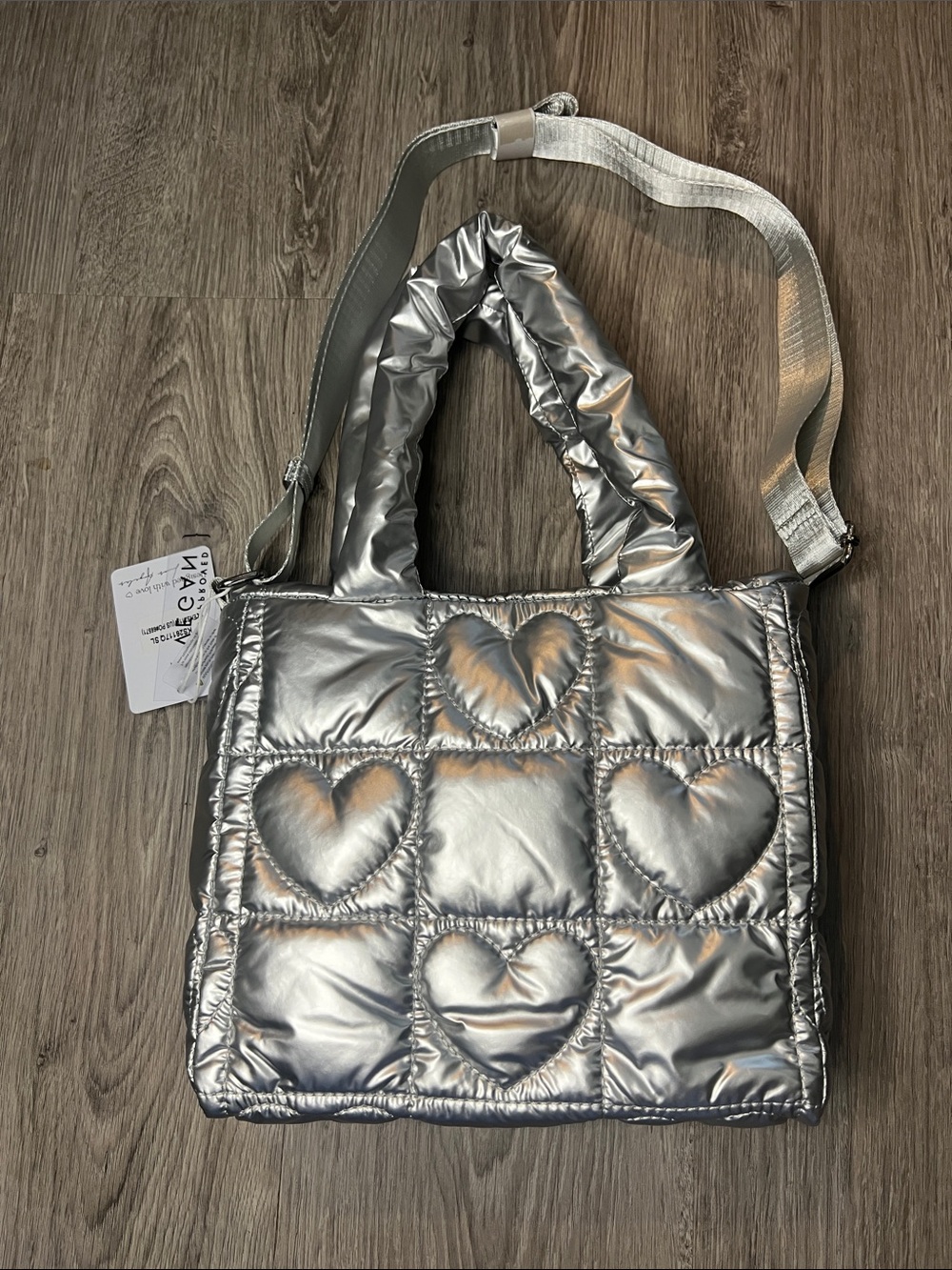 Metallic Silver Quilted Heart Tote Bag with Adjustable Strap